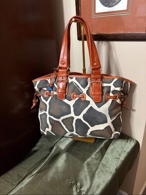 Dooney and Bourke Giraffe Print Canvas Tote with Brown Leather Trim